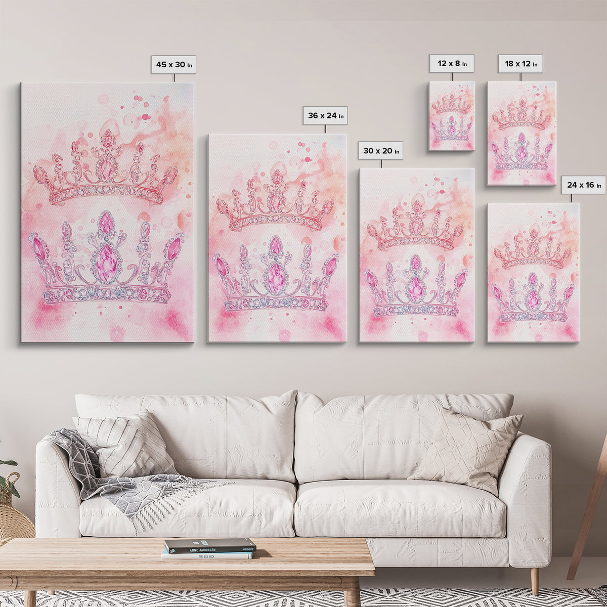 Twin jeweled crown painting featuring framed canvas print, whimsical art, light pink wall art, goddess art print, gift idea decor