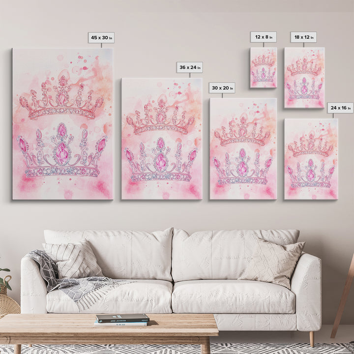 Twin jeweled crown painting featuring framed canvas print, whimsical art, light pink wall art, goddess art print, gift idea decor