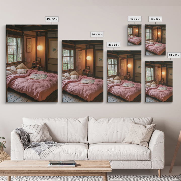 Minimalist Japanese Bedroom Art Canvas Print Wabi Sabi Home Decor Pink Cozy Wall Art Framed Living Room Art Piece Modern Gift