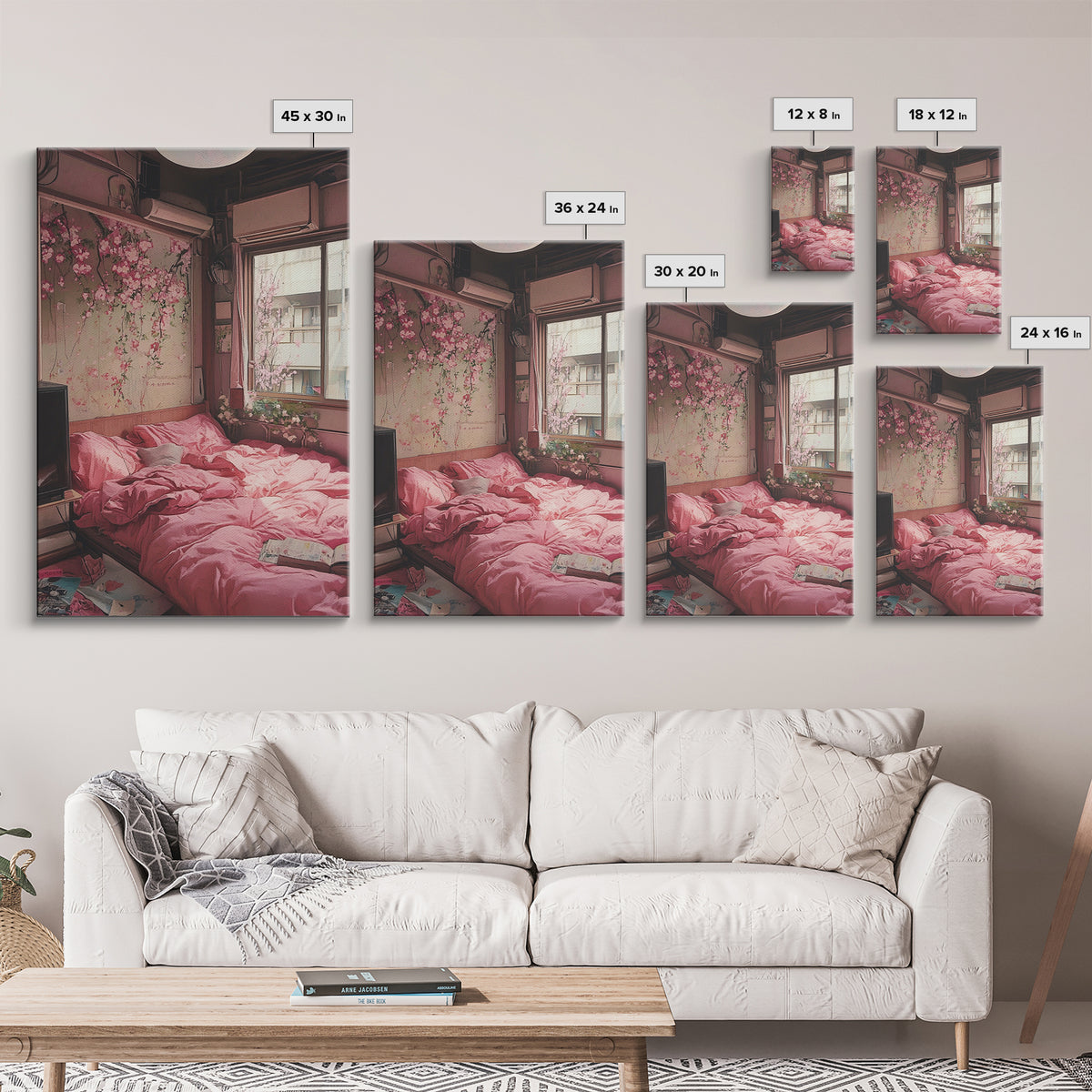 Cherry Blossom Dream Framed Canvas Print Light Pink Japanese Inspired Bedroom Art Cozy Home Floral Wall Decor Feminine Artwork Gift
