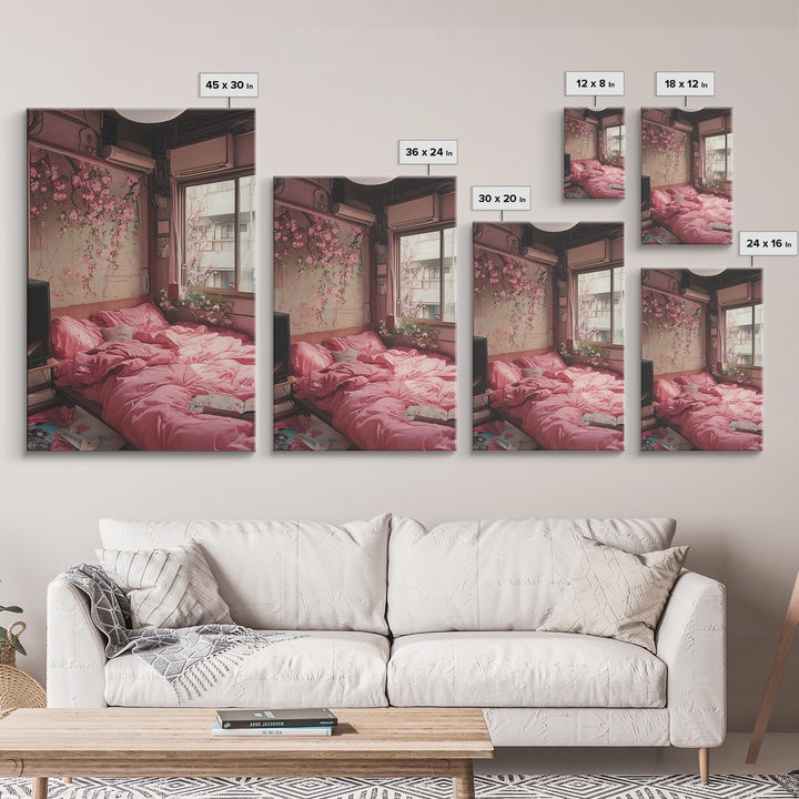 Cherry Blossom Dream Framed Canvas Print Light Pink Japanese Inspired Bedroom Art Cozy Home Floral Wall Decor Feminine Artwork Gift
