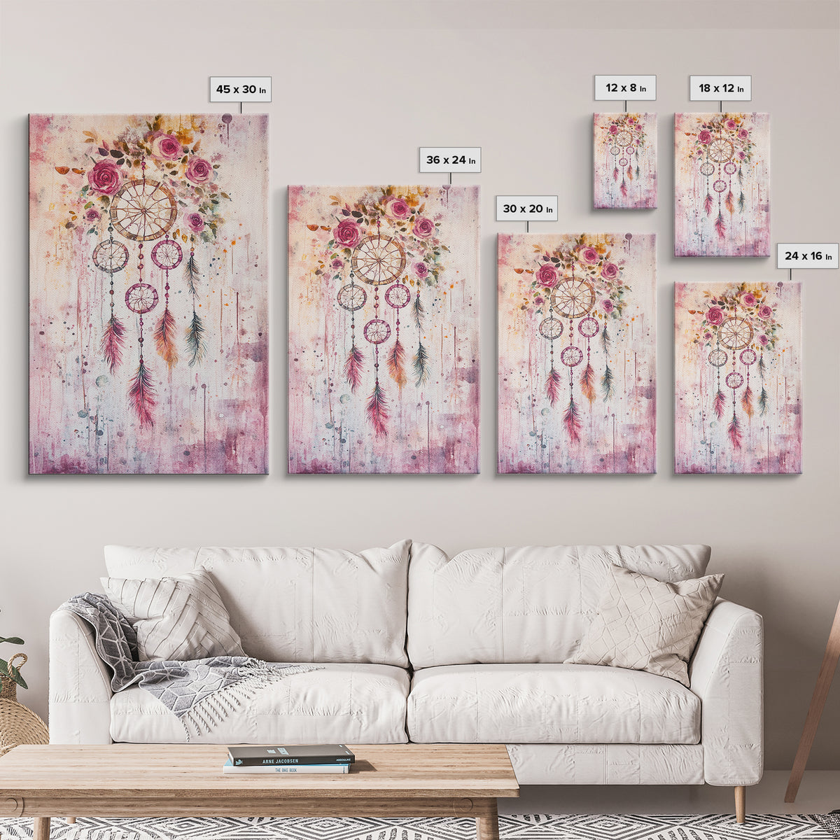 Dreamcatcher with Roses Framed Canvas Print Boho Bedroom Art Botanical Prints Pink Wall Art Light Pink Home Decor Wildflower Painting
