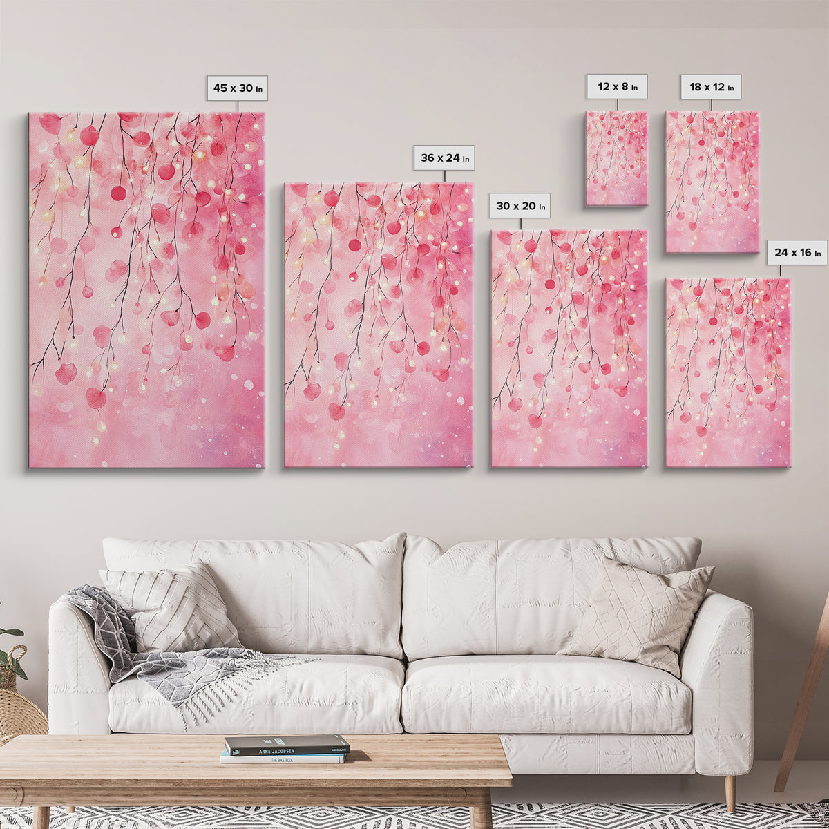 Cherry Blossom Lights Canvas Print Romantic Bedroom Art Cherry Wall Art Light Pink Wall Art Living Room Art Boho Home Decor