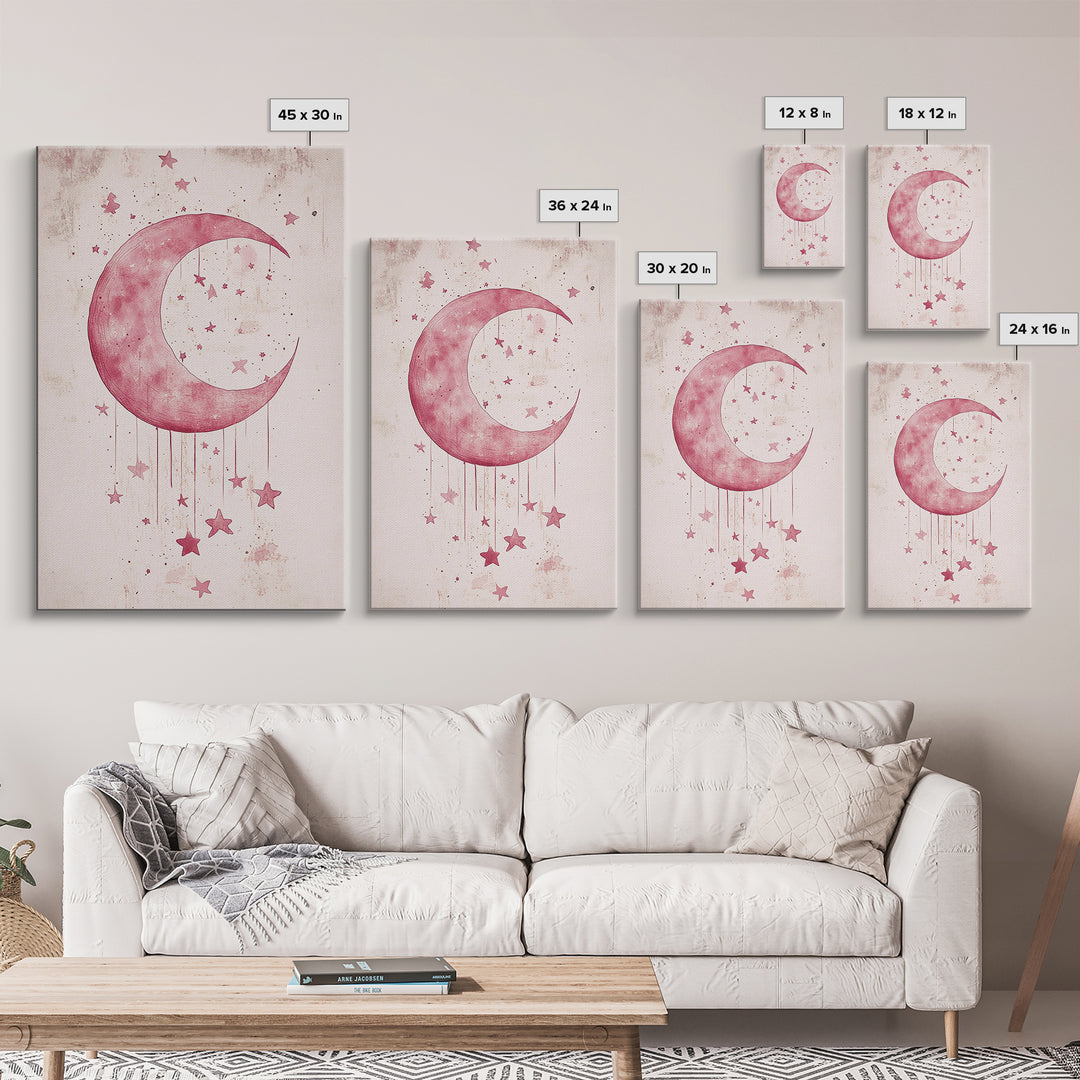 Crescent Moon and Stars Framed Canvas Print Mystical Boho Art Zen Wall Art Light Pink Wall Art Bedroom Art Dreamy Night Sky Decor