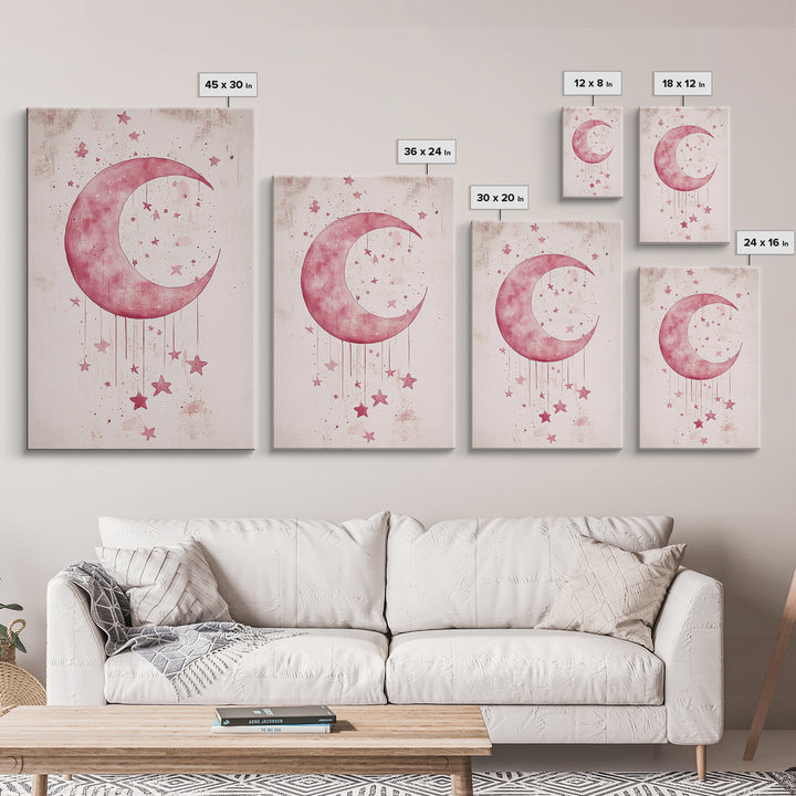 Crescent Moon and Stars Framed Canvas Print Mystical Boho Art Zen Wall Art Light Pink Wall Art Bedroom Art Dreamy Night Sky Decor