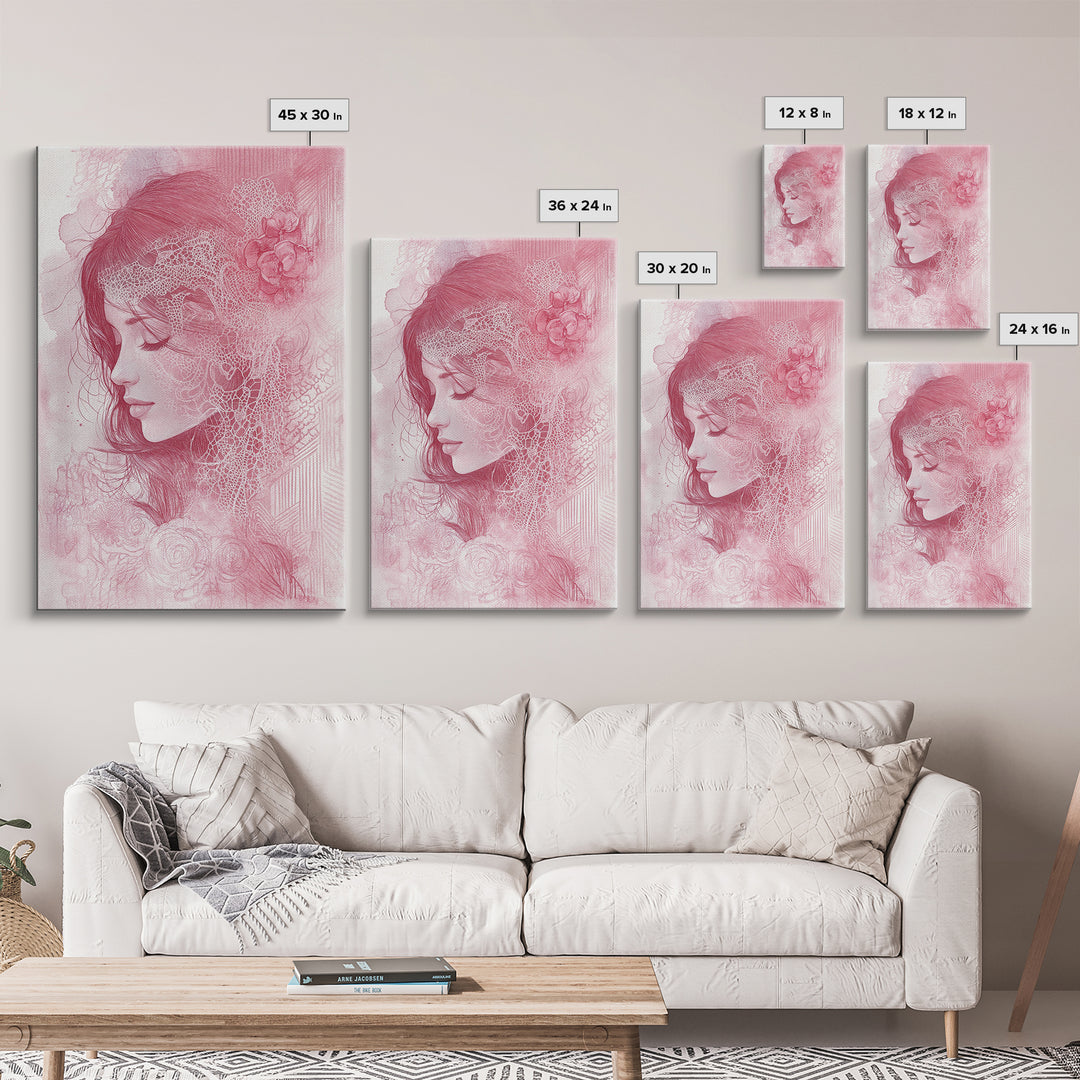Romantic Portrait Framed Canvas Print Featuring Angels Wall Art Pink Abstract Art Elegant Bedroom Living Room Boho Aesthetic
