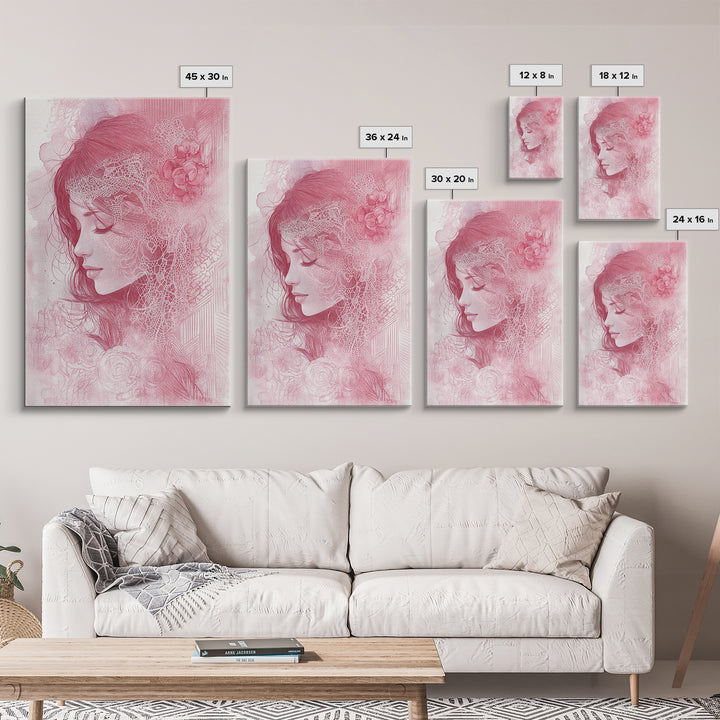 Romantic Portrait Framed Canvas Print Featuring Angels Wall Art Pink Abstract Art Elegant Bedroom Living Room Boho Aesthetic