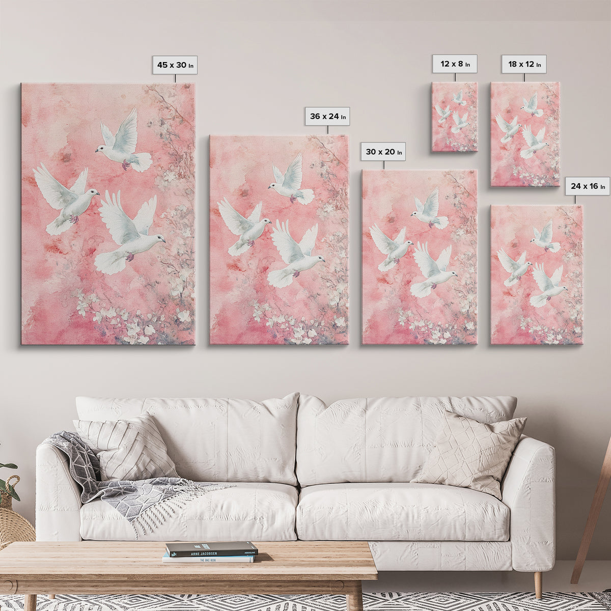 Cherry Blossom Art with Peaceful Doves Framed Canvas Print, Angelic Bird Art Pink Decor, Whimsical Bedroom or Living Room Gift