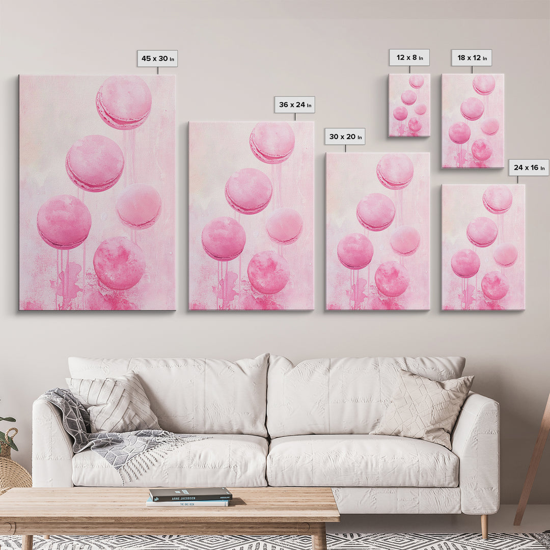 Cute pink macarons whimsical kitchen framed canvas print food review dessert art playful pastel decor cozy gift idea fun wall art