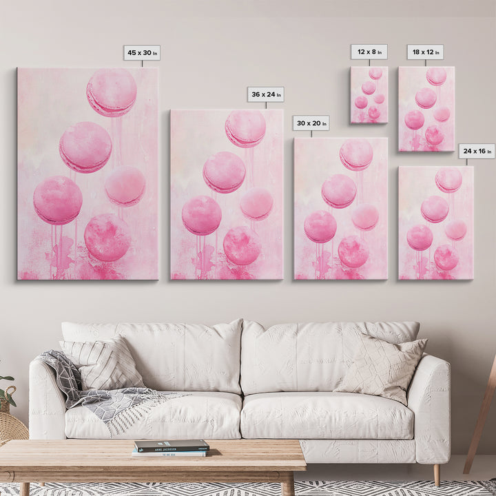 Cute pink macarons whimsical kitchen framed canvas print food review dessert art playful pastel decor cozy gift idea fun wall art