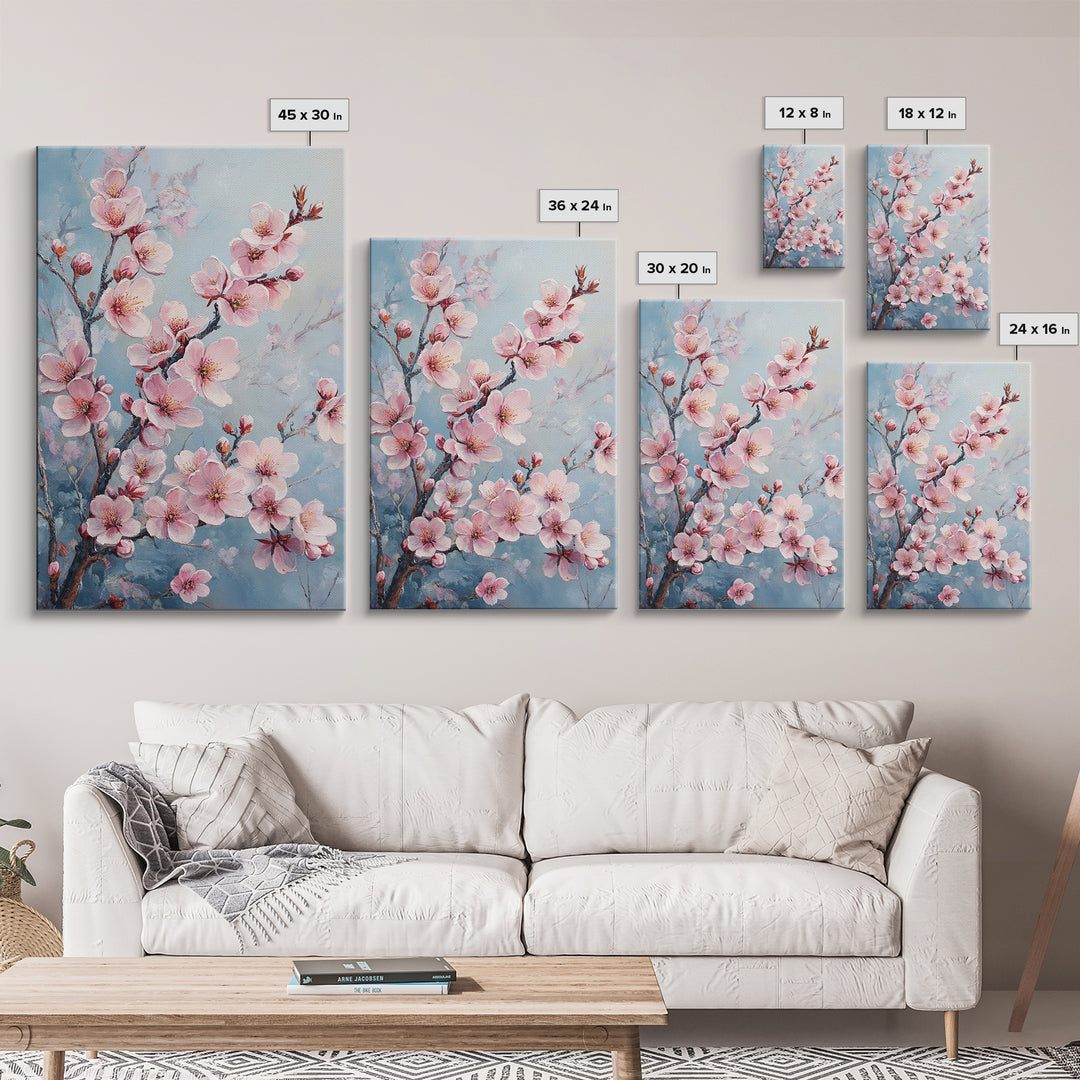 Cherry Blossom Painting Framed Canvas Print | Japanese Sakura Wall Art | Light Pink Wall Art Above Sofa Decor | Floral Nature Print