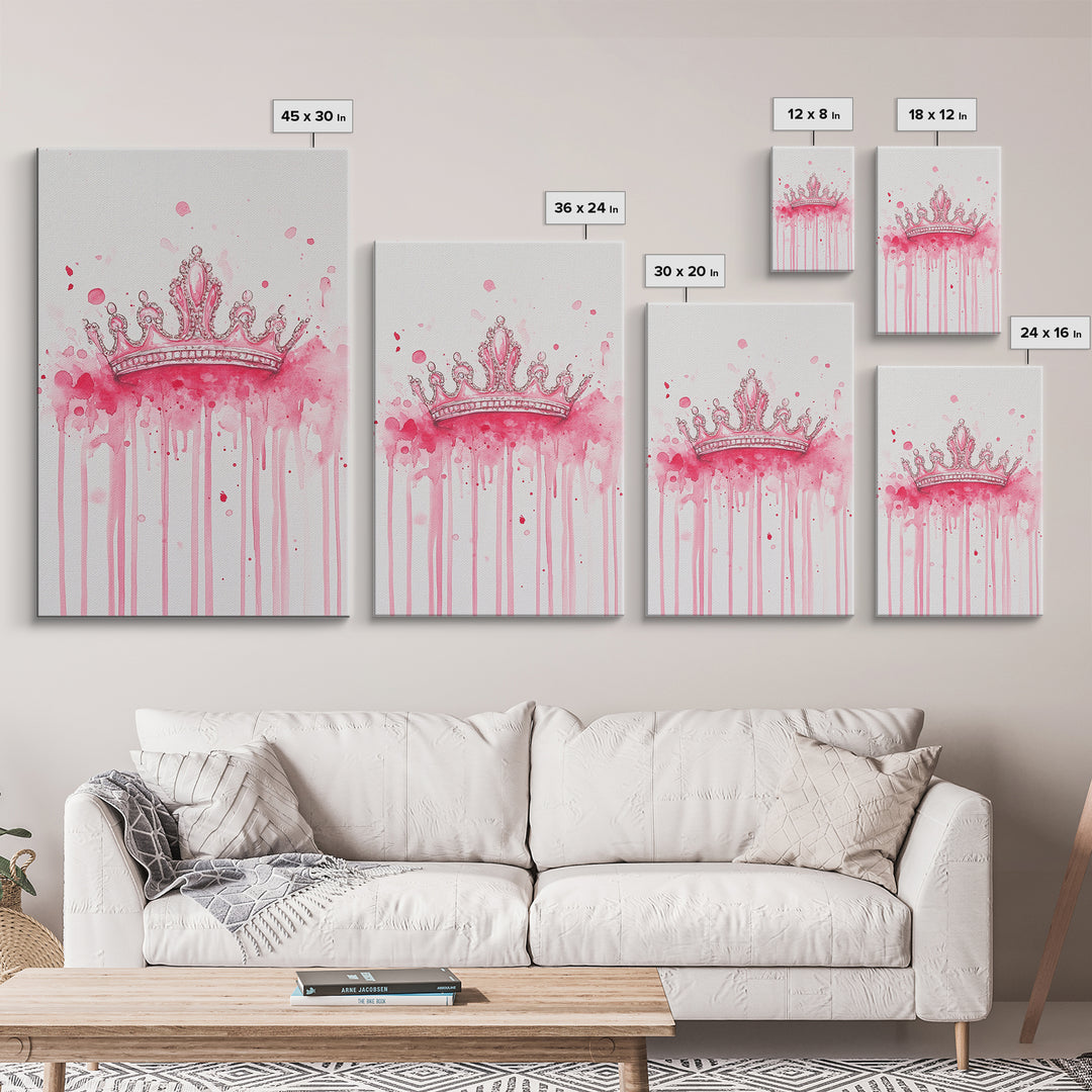 Pink Crown Canvas Print Framed Royal Aesthetic Art Whimsical Wall Art Light Pink Accent Bedroom or Living Room Rustic Decor Gift