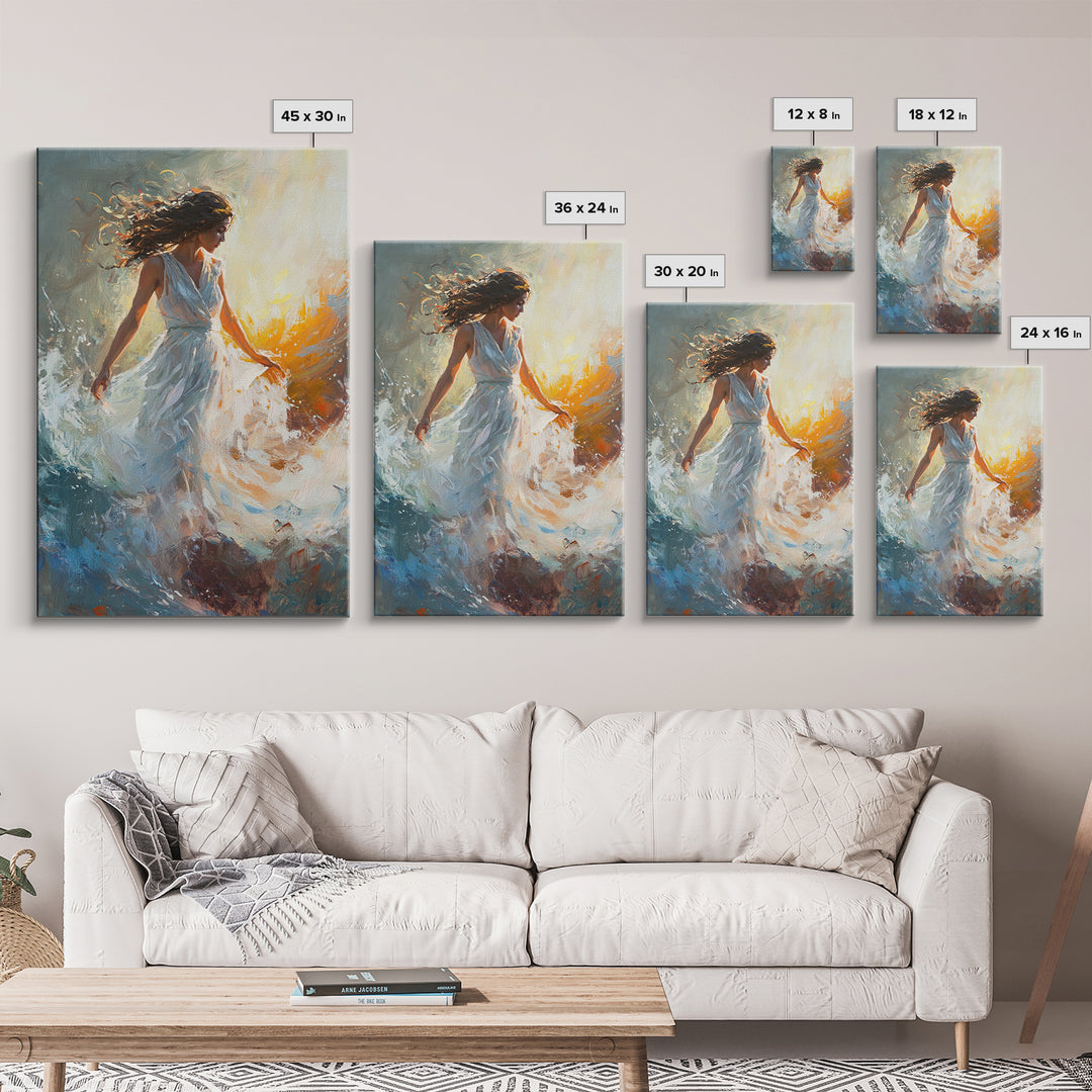 Ethereal Woman with Flowing Dress Framed Canvas Print, Dreamy Goddess Art Perfect as Above Sofa or Romantic Bedroom Wall Decor