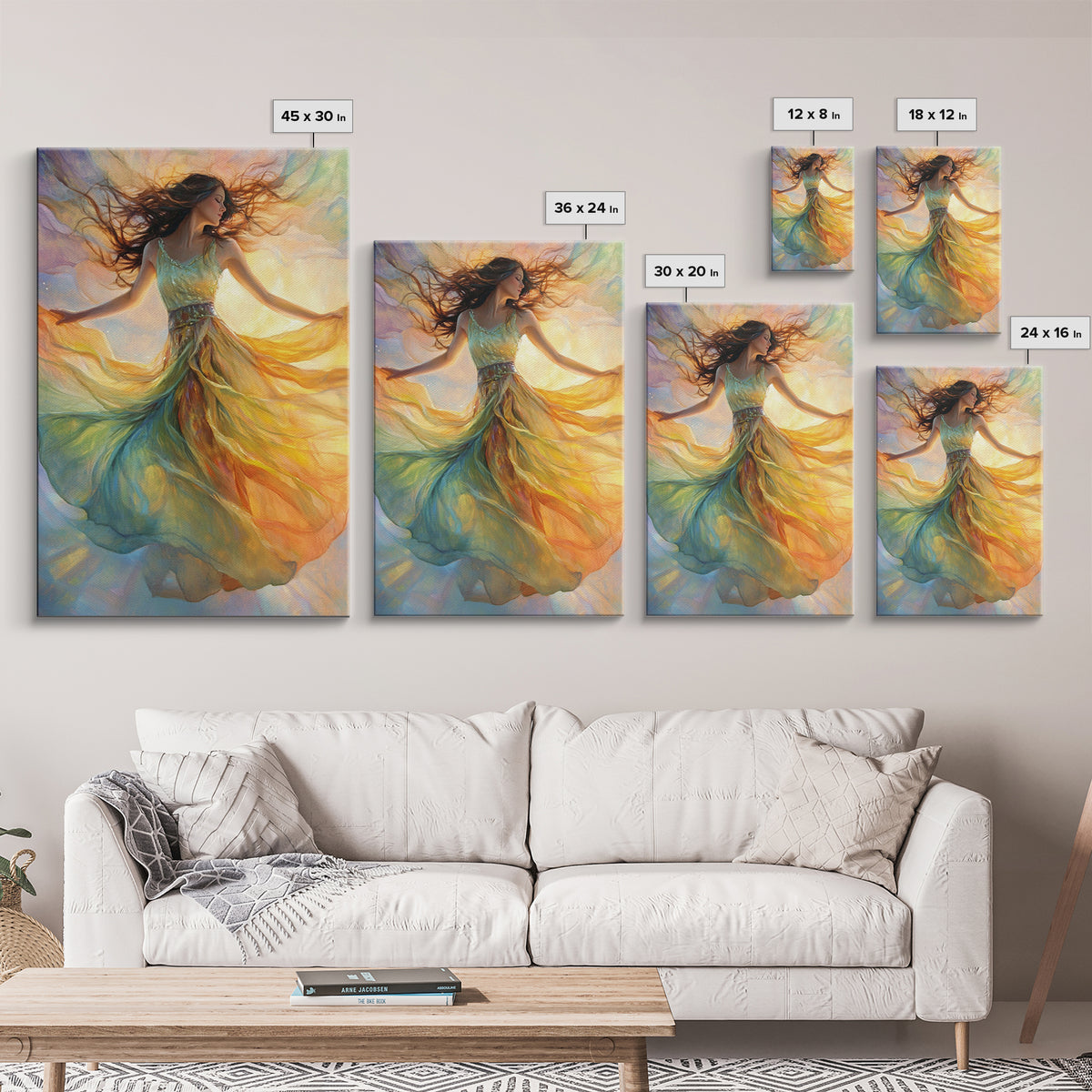 Enchanting Dancing Light Woman Canvas Print, Whimsical Art Adding Elegant Vibes to Living Room or Extra Wide Horizontal Wall Art