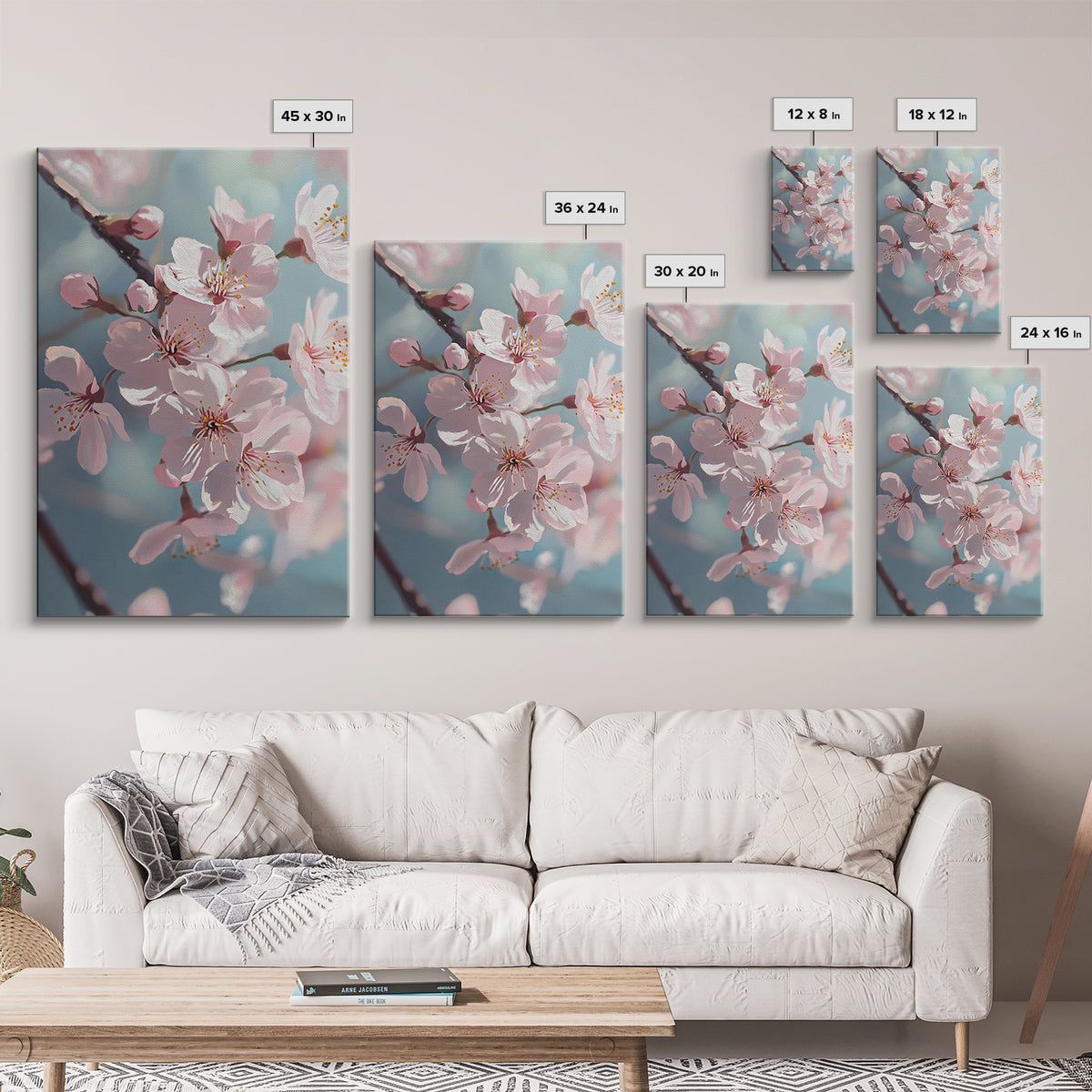 Japanese Sakura Canvas Print | Cherry Blossom Painting Art | Pastel Blue Floral Wall Art Gift Idea | Light Pink Bedroom Art