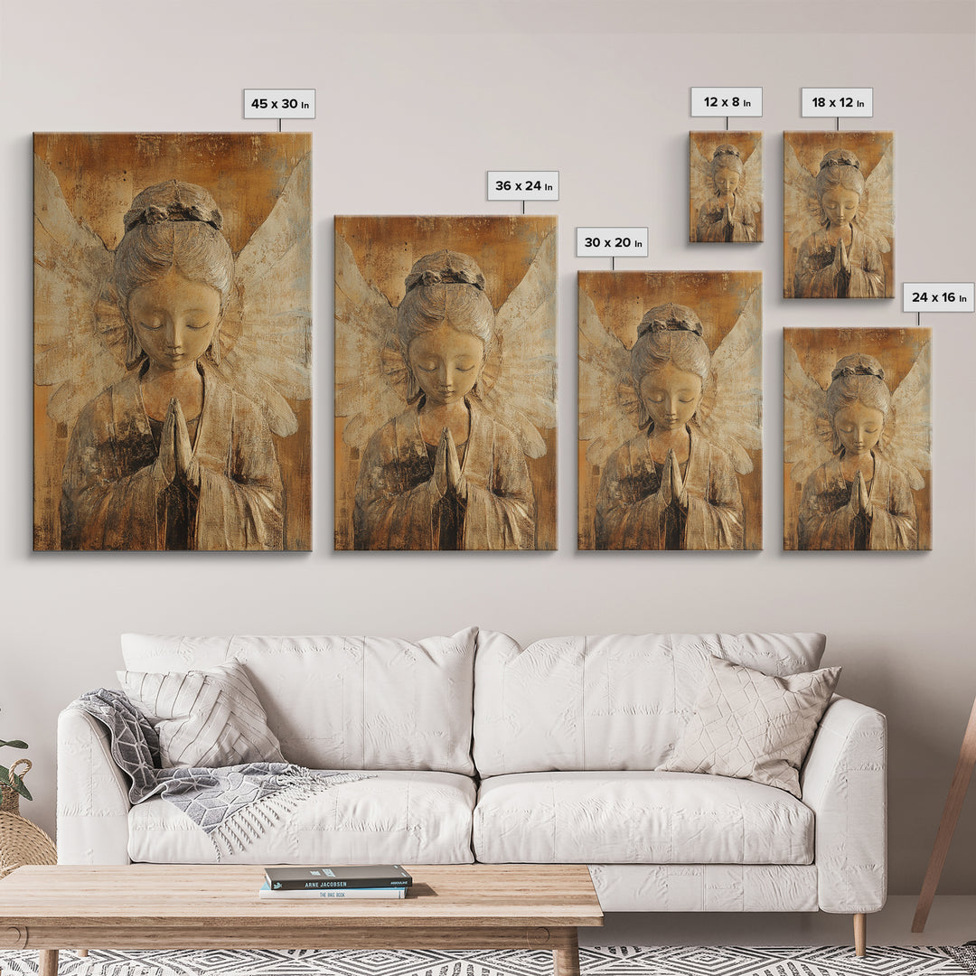 Serene Angel Sculpture Framed Canvas Print Angels Wall Art Rustic Wall Art Therapy Art Sacred Peaceful  Art Living Room Décor