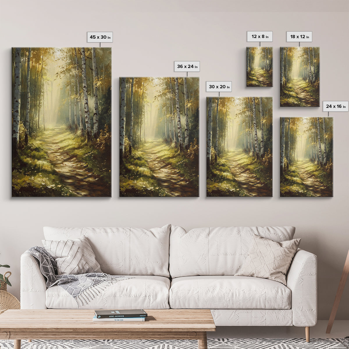 Birch Forest Path Framed Canvas Print Rustic Wall Art Farmhouse Wall Art Nature Landscape Art Above Bed Wall Art Fall Decor Living Room Art