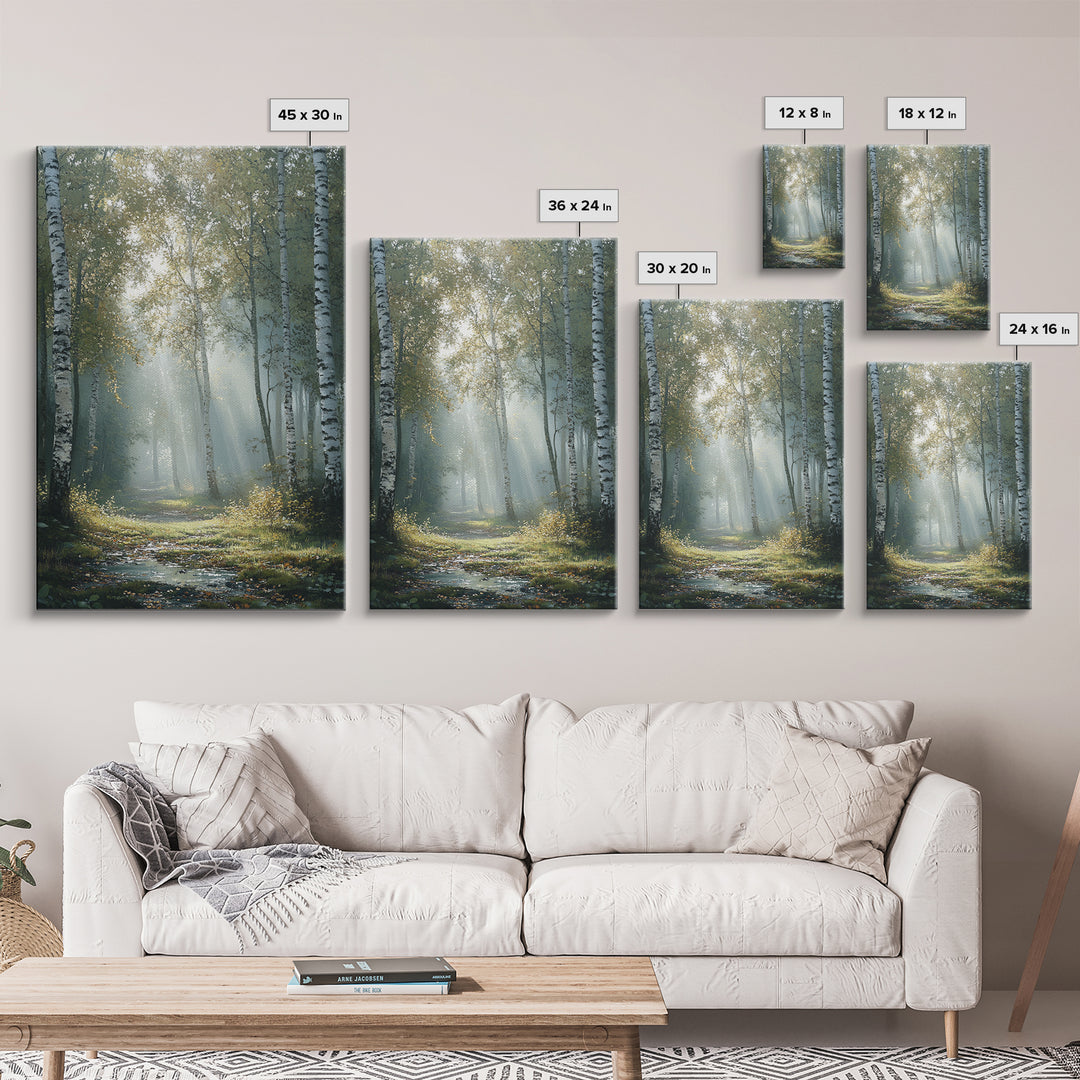 Birch Tree Painting Framed Canvas Print Rustic Wall Art Nature Landscape Gift Living Room Decor Tall Vertical Art for Home