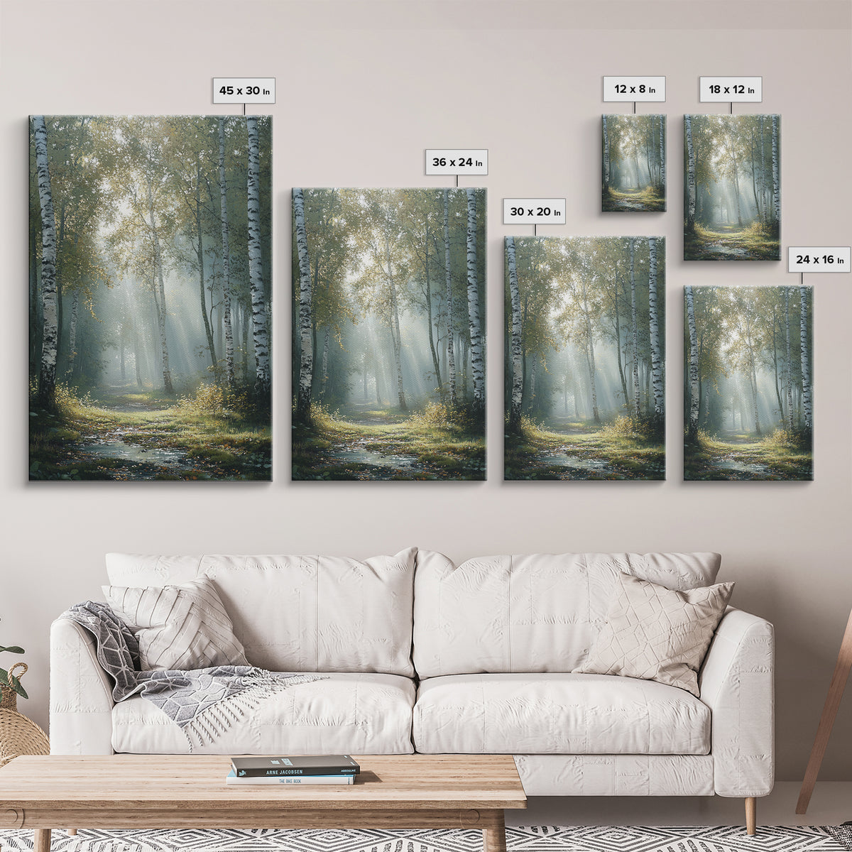 Birch Tree Painting Framed Canvas Print Rustic Wall Art Nature Landscape Gift Living Room Decor Tall Vertical Art for Home