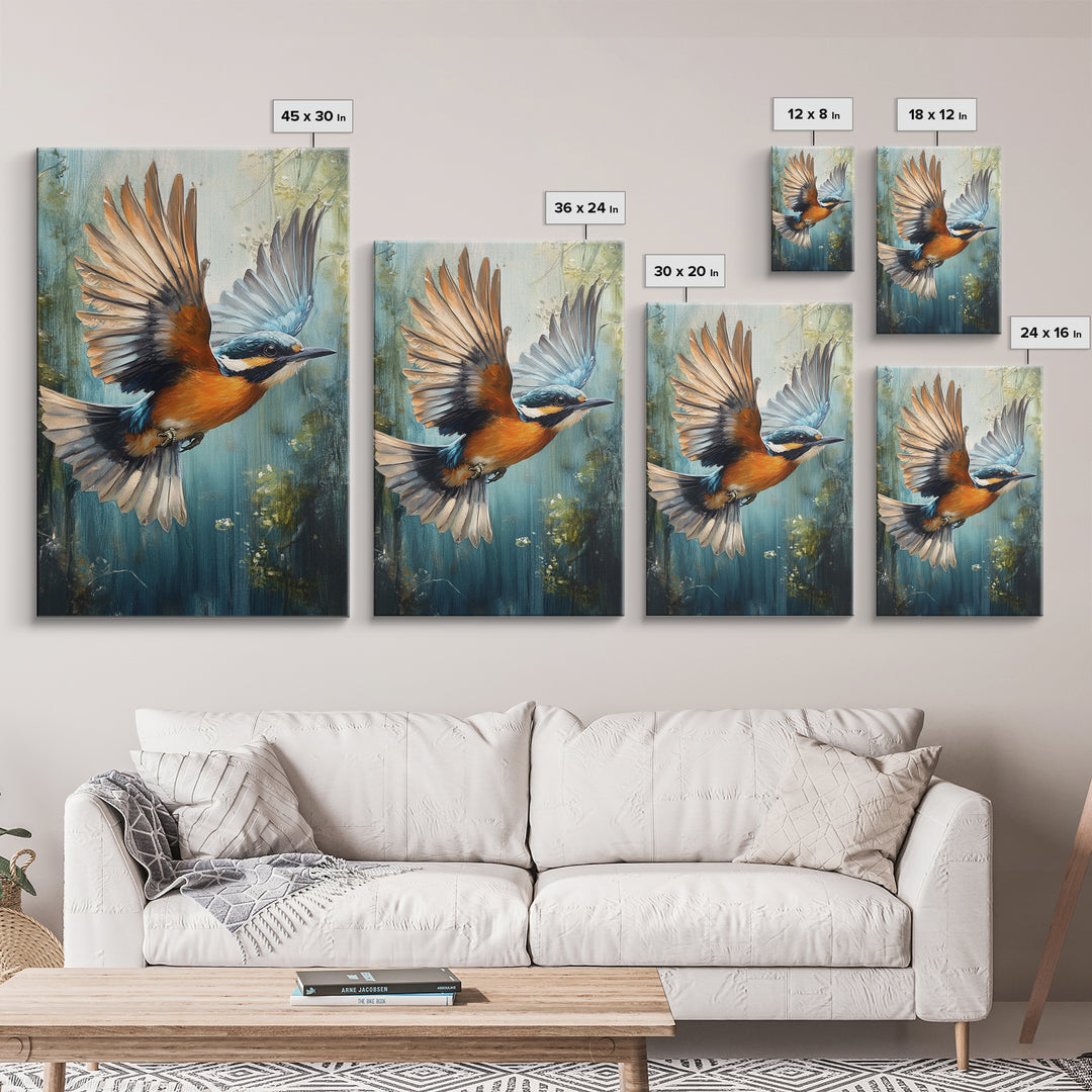 Blue Kingfisher Bird Canvas Print | Vibrant Nature Painting Wall Art | Wildlife Rustic Art Above Sofa | Whimsical Bird Original Artwork