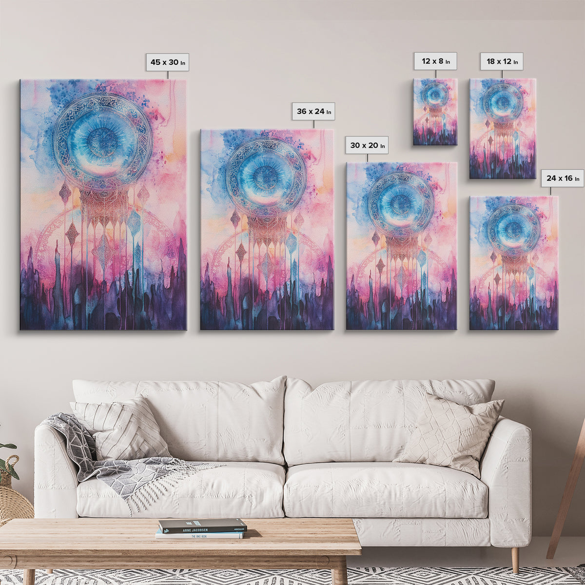 Mystic Sacred Geometry Framed Canvas Print with Bahai Art Elements and Vibrant Pink Blue Abstract, Boho Home Wall Decor