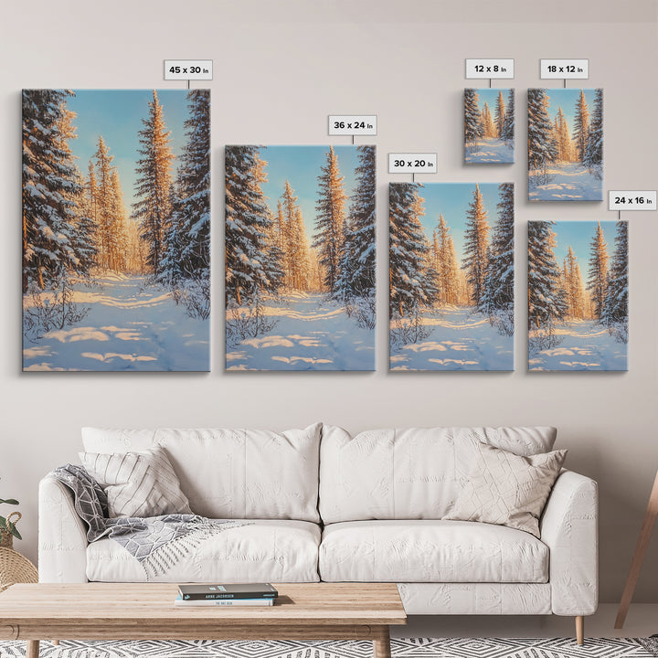 Winter Wonderland Framed Canvas Print, Snowy Forest Landscape Painting with Pine Tree Art, Cozy Rustic Wall Decor