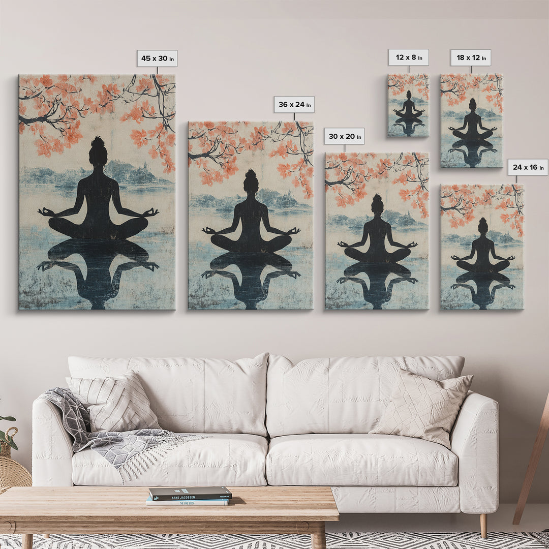 Cherry Blossom Canvas Print Featuring Zen Silhouette, Oriental Inspired Wabi Sabi Art, Minimalist Yoga Wall Art for Tranquility