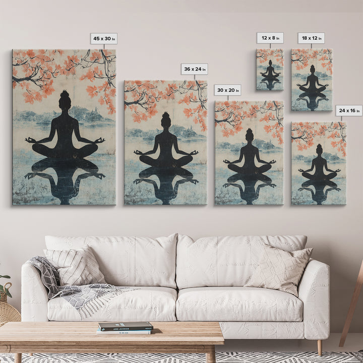 Cherry Blossom Canvas Print Featuring Zen Silhouette, Oriental Inspired Wabi Sabi Art, Minimalist Yoga Wall Art for Tranquility