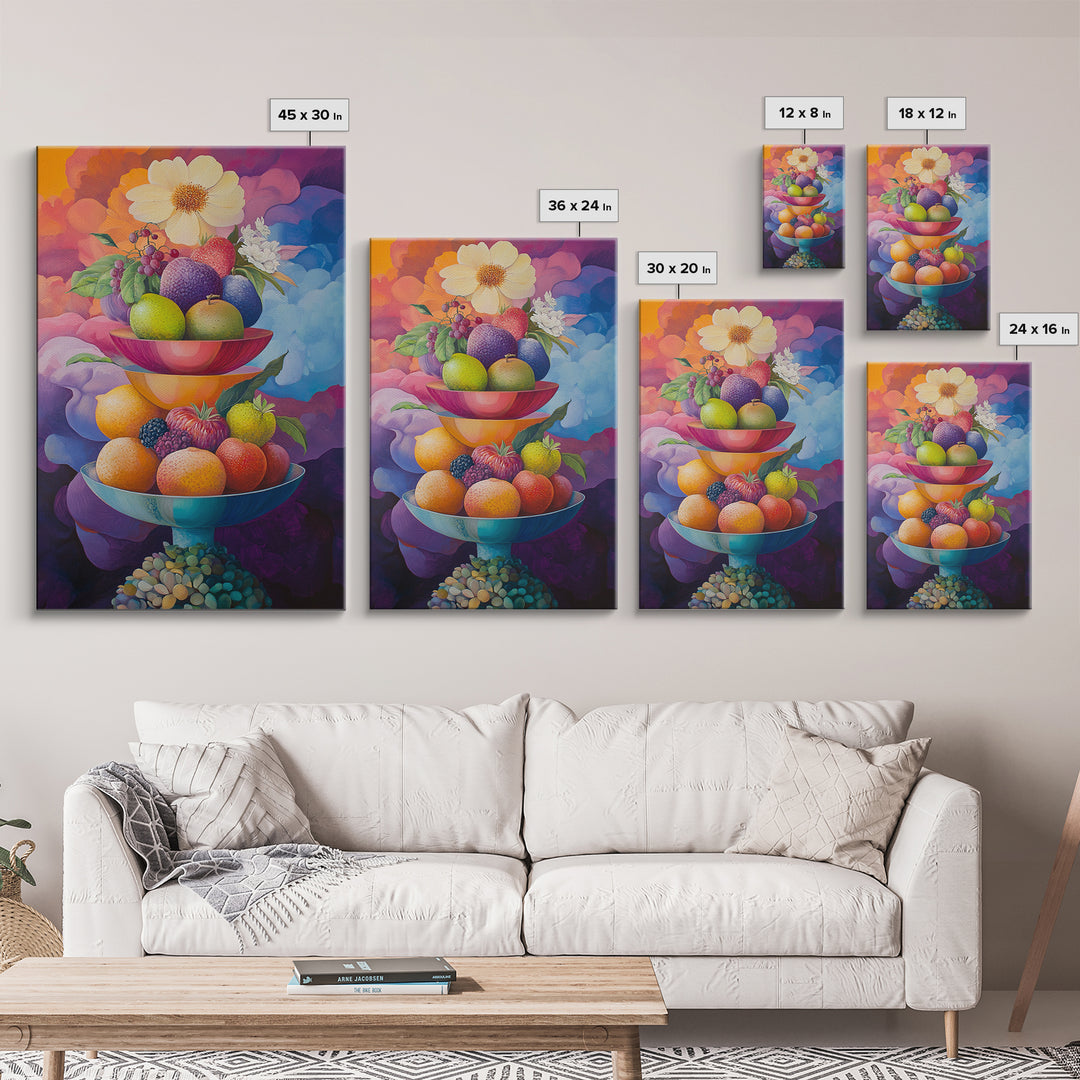 Colorful Fruit Bowl Canvas Print Featuring Still Life Painting, Whimsical Kitchen Art, Vibrant Food Review Wall Art for Dining Spaces