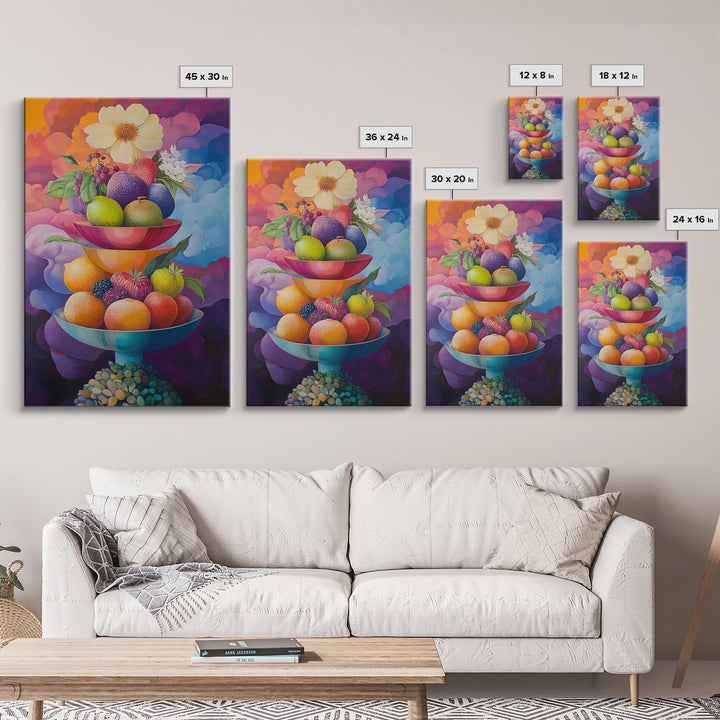 Colorful Fruit Bowl Canvas Print Featuring Still Life Painting, Whimsical Kitchen Art, Vibrant Food Review Wall Art for Dining Spaces
