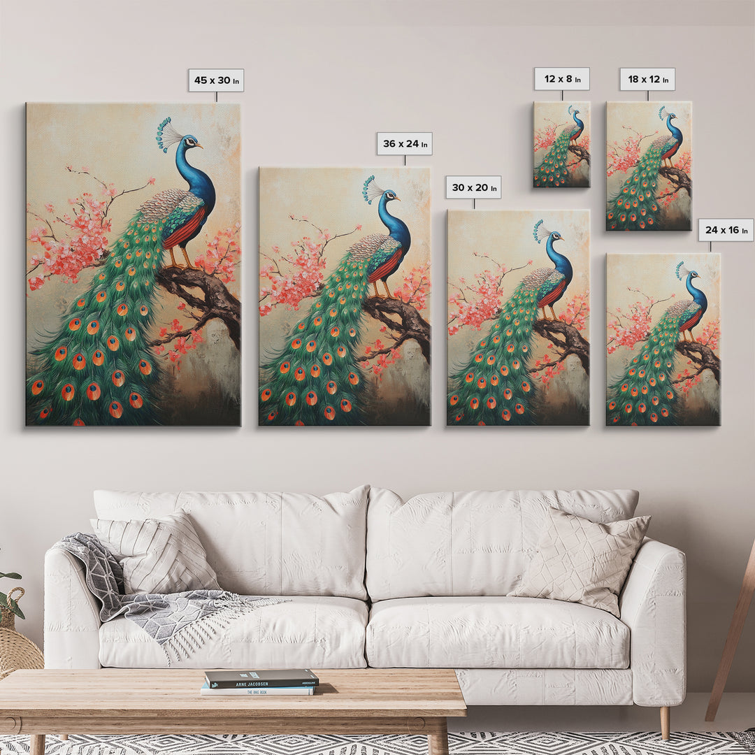 Peacock Canvas Print with Cherry Blossom Painting, Vibrant Oriental Art, Rustic Chinoiserie Wall Decor, Bold Statement Piece for Living Room