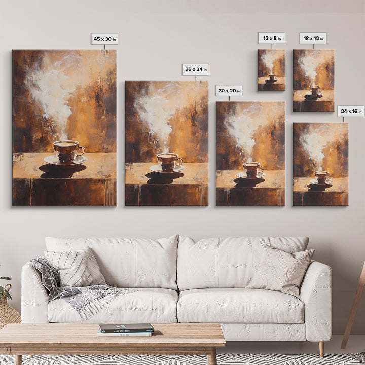 Rustic Steaming Coffee Framed Canvas Print | Warm Coffee Wall Art | Cozy Kitchen Art | Espresso Painting | Coffee Lover Gift Idea