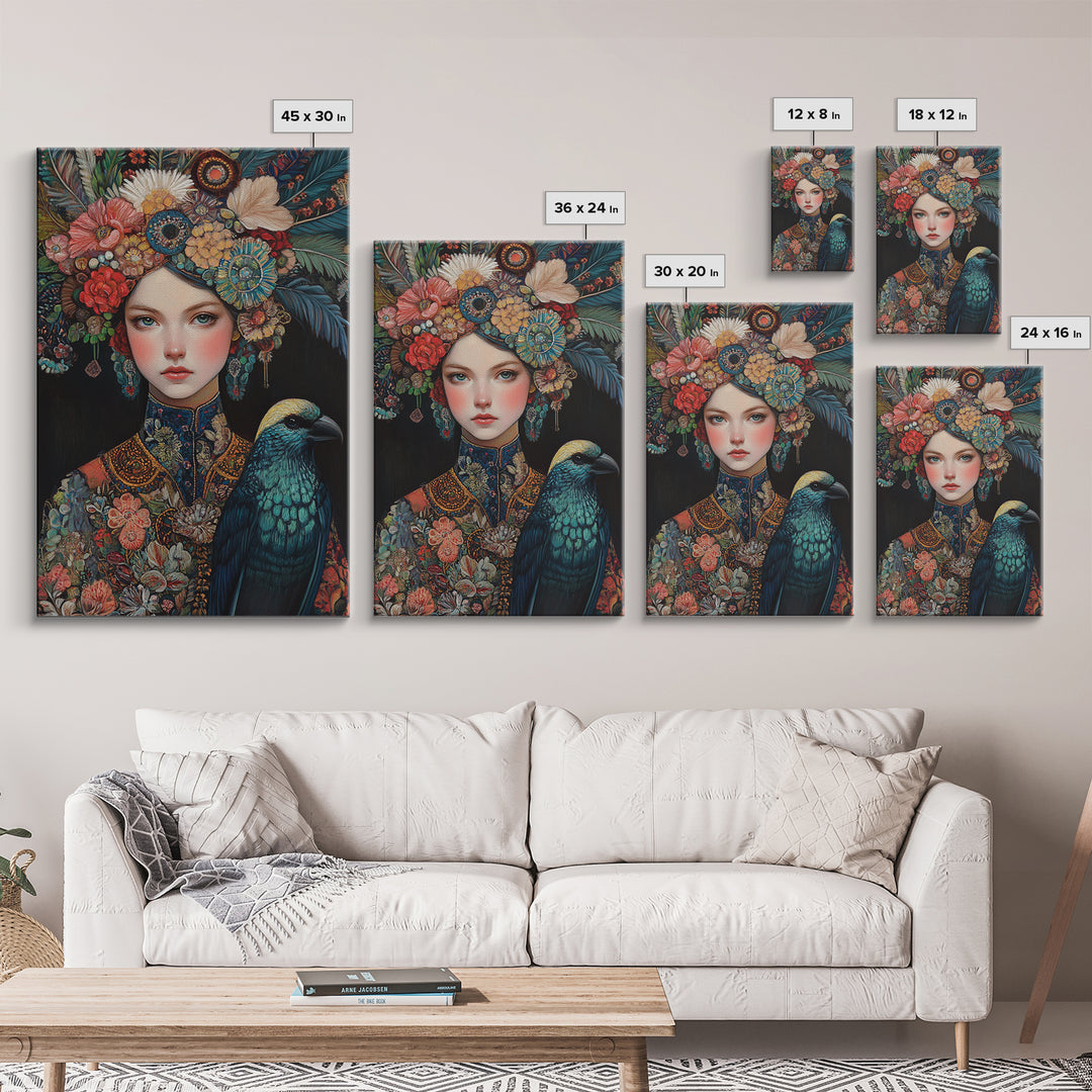 Goddess Art Framed Canvas Print Featuring Whimsical Floral Headdress and Bird Art, Boho Bedroom Art with Vibrant Chinoiserie Vibes