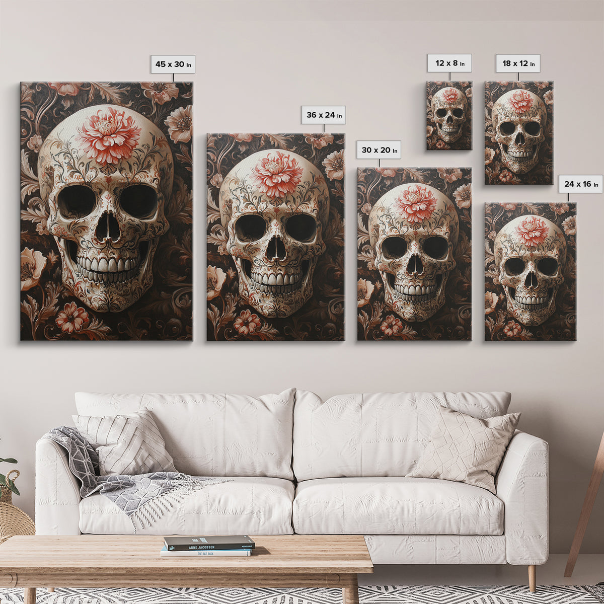 Skull Art Framed Canvas Print with Floral Botanical Prints in Gothic Chinoiserie Style, Perfect Halloween Rustic Wall Art Decoration