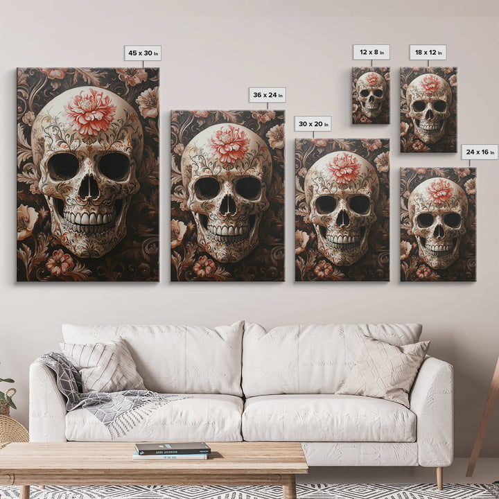 Skull Art Framed Canvas Print with Floral Botanical Prints in Gothic Chinoiserie Style, Perfect Halloween Rustic Wall Art Decoration
