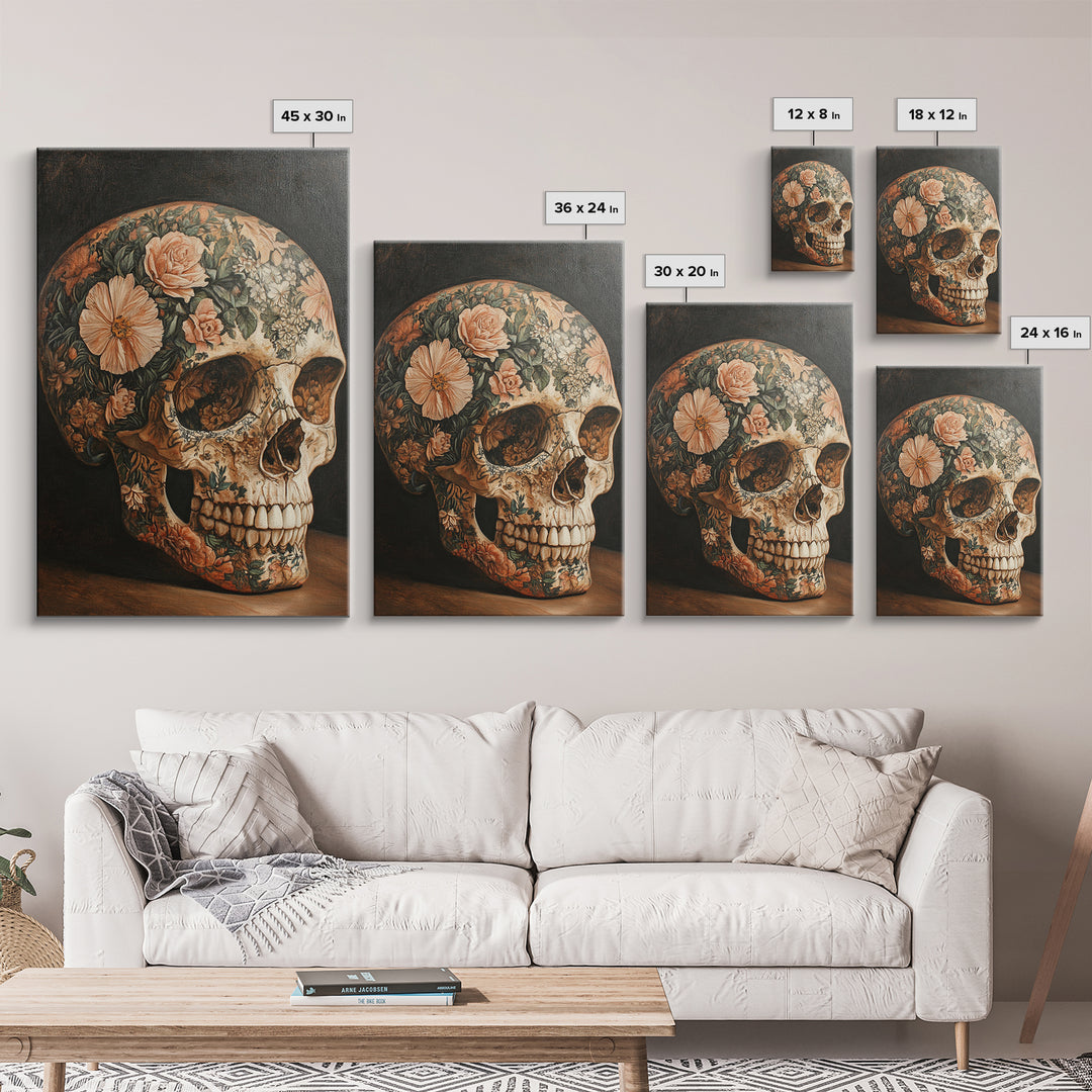 Skull Art Framed Canvas Print Featuring Floral Boho Design in Rustic Chinoiserie Style, Gothic Bedroom Art and Halloween Wall Decor