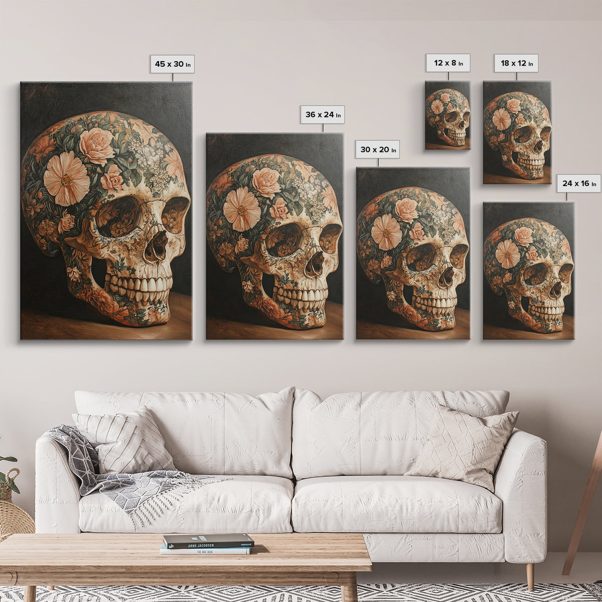 Skull Art Framed Canvas Print Featuring Floral Boho Design in Rustic Chinoiserie Style, Gothic Bedroom Art and Halloween Wall Decor