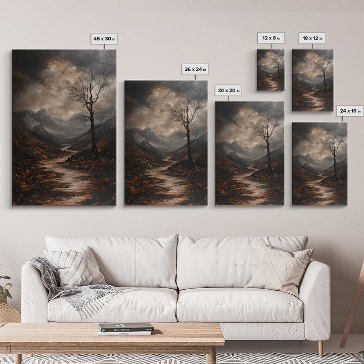Mountain Painting Framed Canvas Print with Mystical Sunrise Over Autumn Forest Path, Rustic Landscape Art with Moody Coastal Vibes