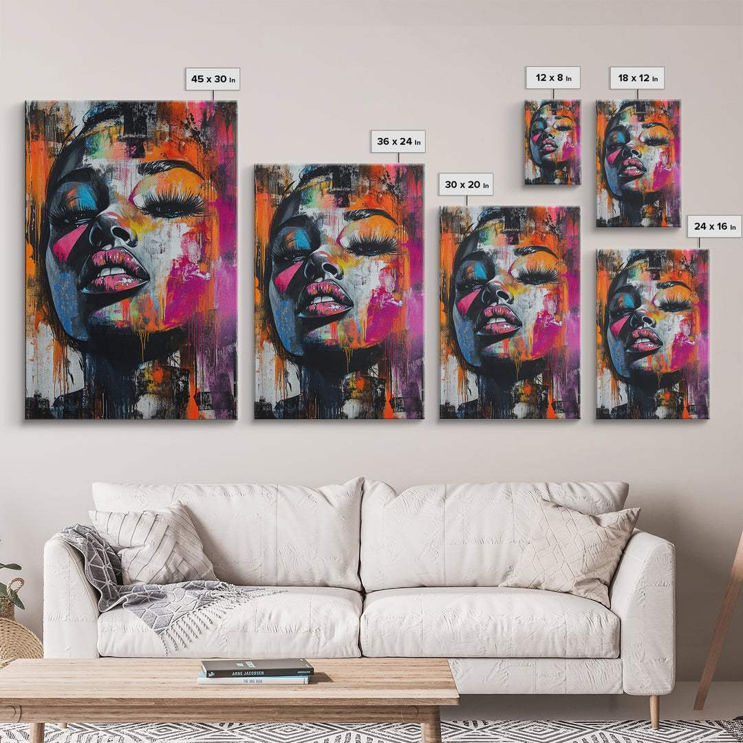 Vibrant Abstract Face Framed Canvas Print, Moody Woman Wall Art, Boho Living Room Decor, Gift Idea for Her, Unique Rustic Art