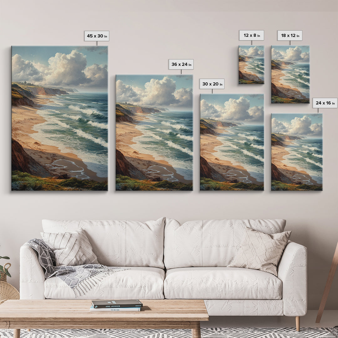 Coastal Seascape Framed Canvas Print Ocean Landscape Painting Cliffside Waves Art Nautical Coastal Decor Above Sofa Rustic Living Room Art