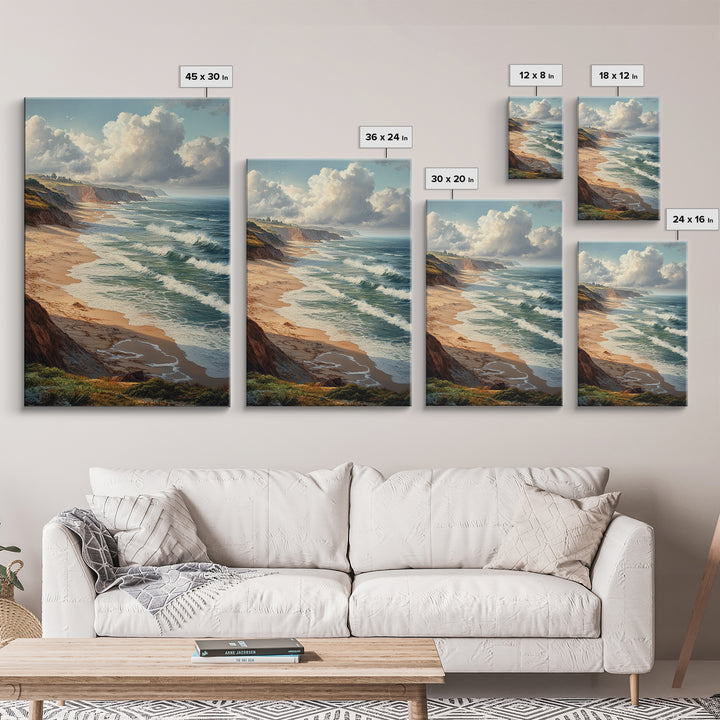 Coastal Seascape Framed Canvas Print Ocean Landscape Painting Cliffside Waves Art Nautical Coastal Decor Above Sofa Rustic Living Room Art