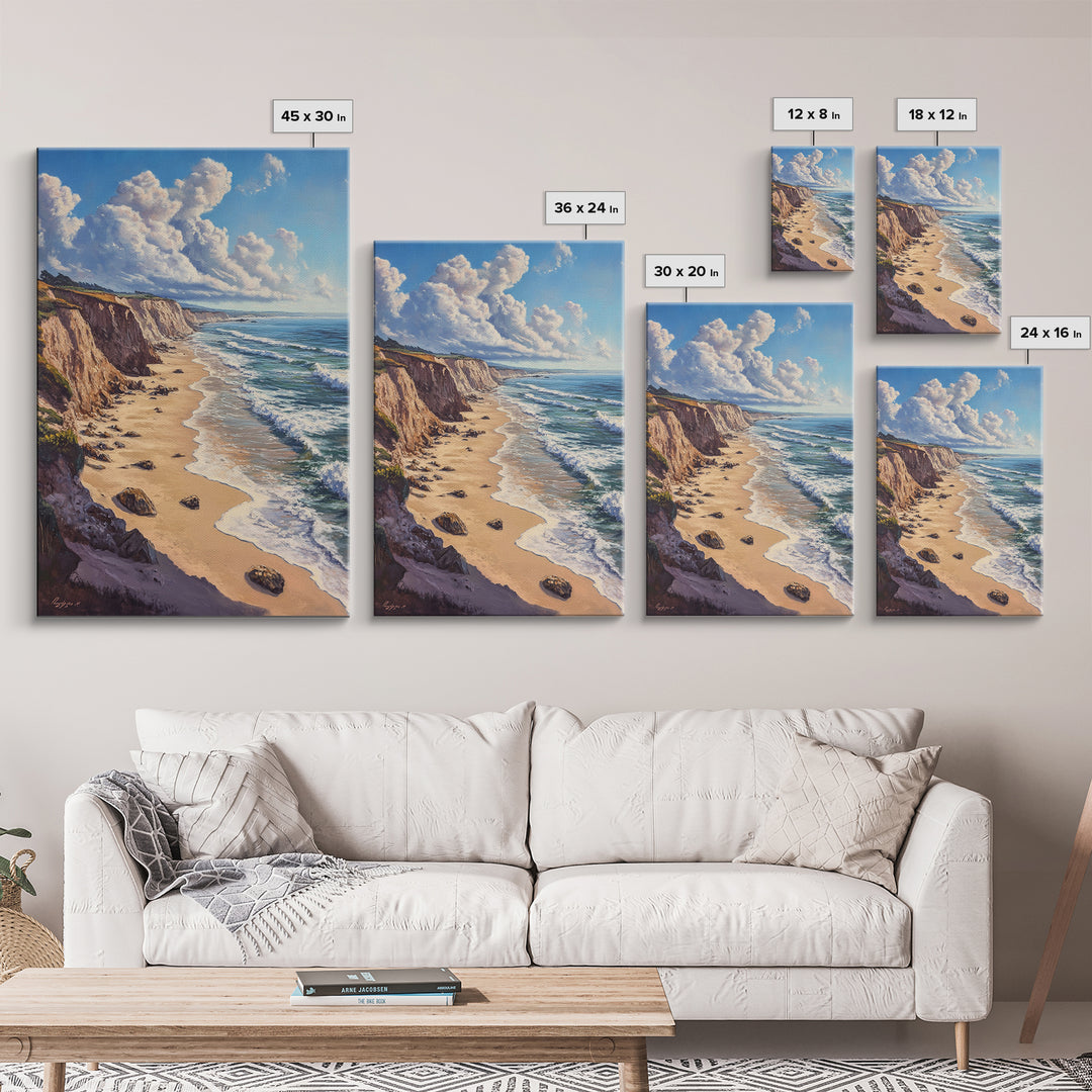 Sunny Beach Landscape Framed Canvas Print Coastal Seascape Painting Nautical Wall Art Gift Idea Bedroom Decor Rustic Nautical Painting