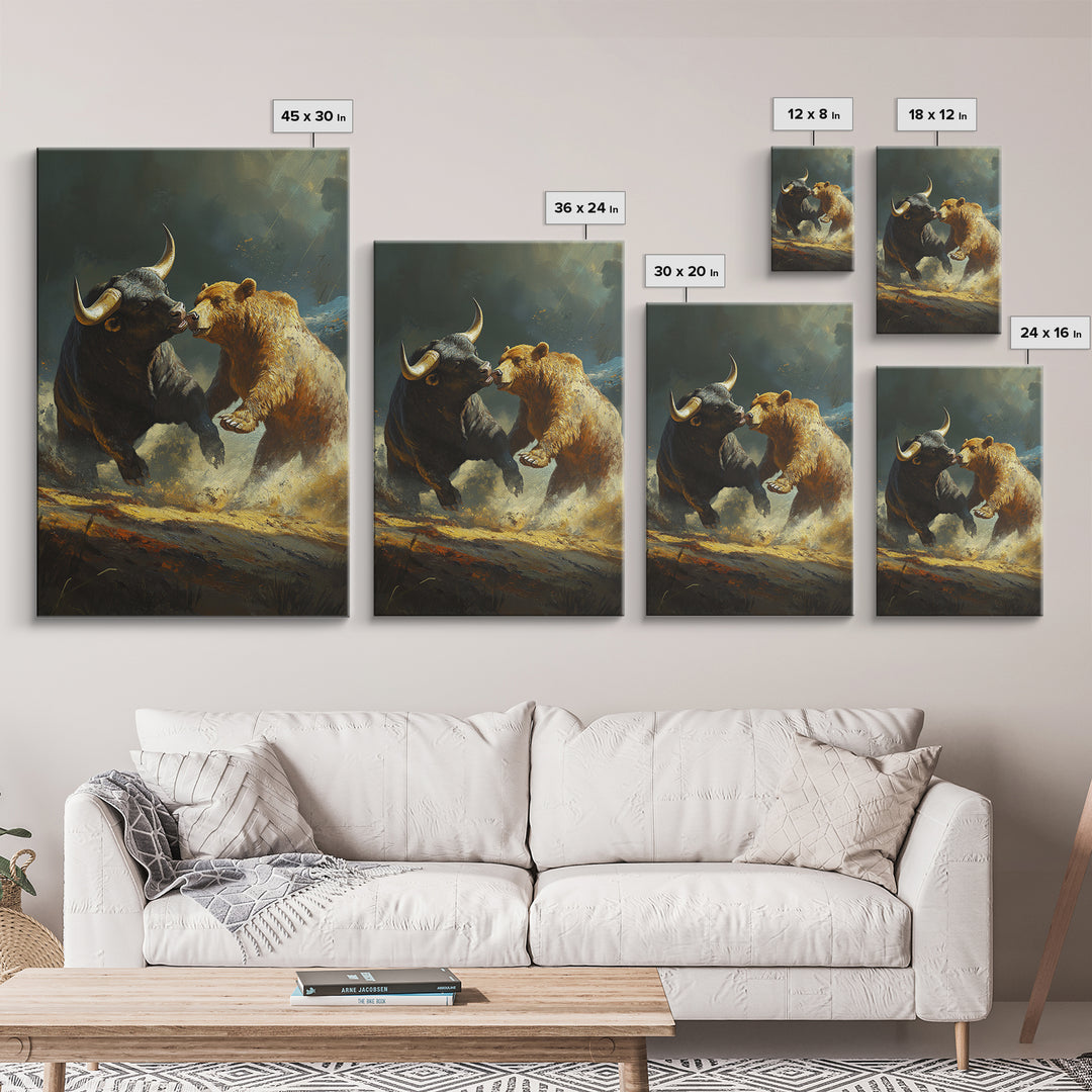 Bull and Bear Clash Framed Canvas Print Rustic Wall Art Gift Idea Financial Decor Wild Animals Artwork Moody Wall Art Rustic Living Room Decor