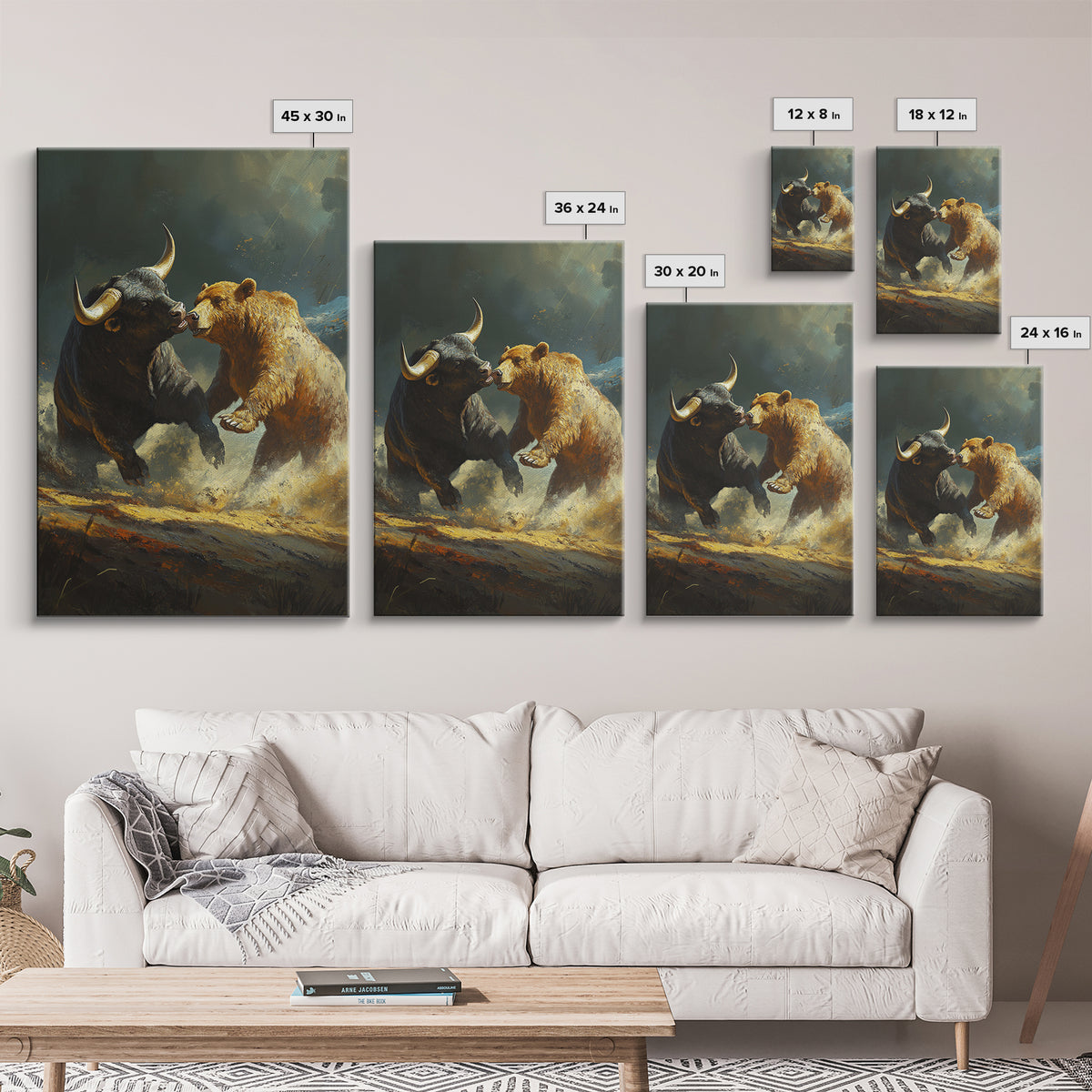 Bull and Bear Clash Framed Canvas Print Rustic Wall Art Gift Idea Financial Decor Wild Animals Artwork Moody Wall Art Rustic Living Room Decor