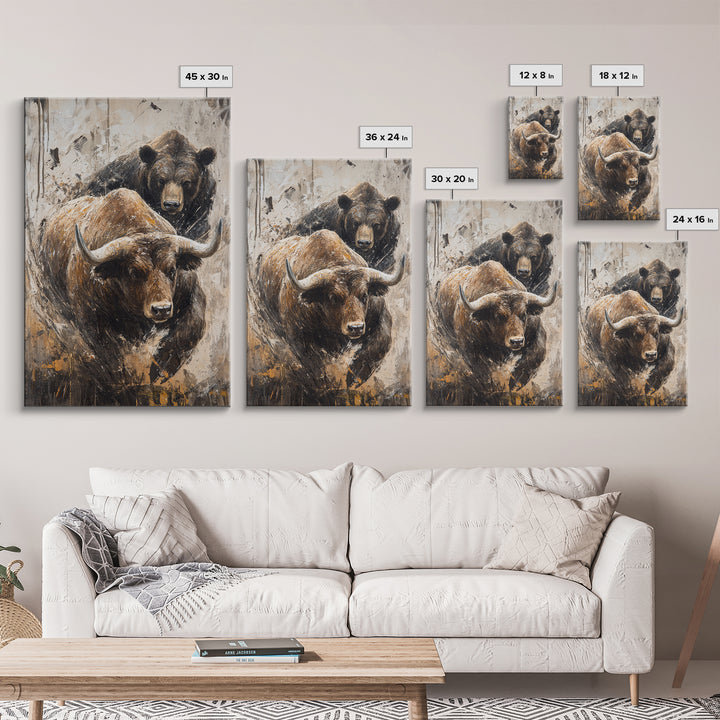 Bull and Bear Dynamic Framed Canvas Print Rustic Wall Art Financial Market Theme Gift Idea Living Room Decor Unique Animal Artwork Rustic Art