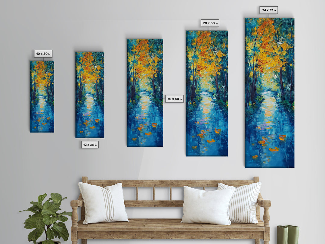 Autumn Reflection, fall painting, birch tree art, mountain painting, rustic wall art, panoramic art, Framed Canvas Print