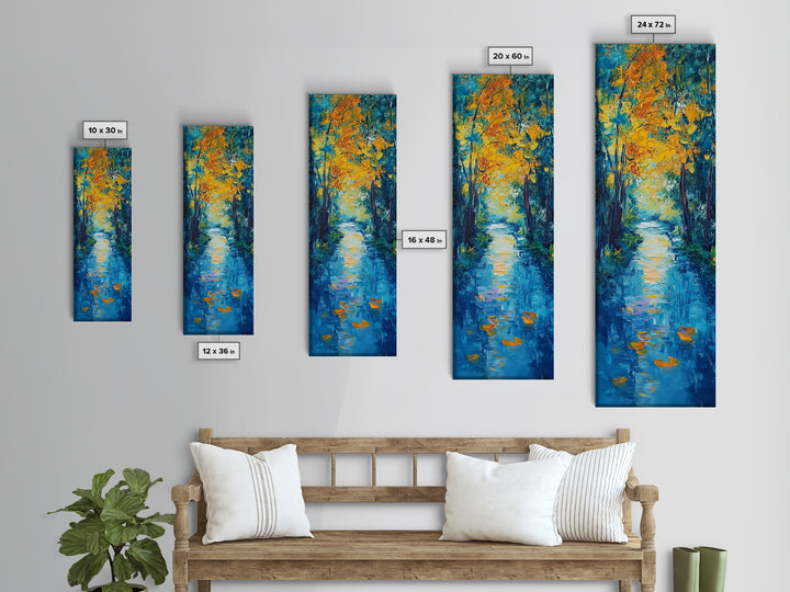 Autumn Reflection, fall painting, birch tree art, mountain painting, rustic wall art, panoramic art, Framed Canvas Print