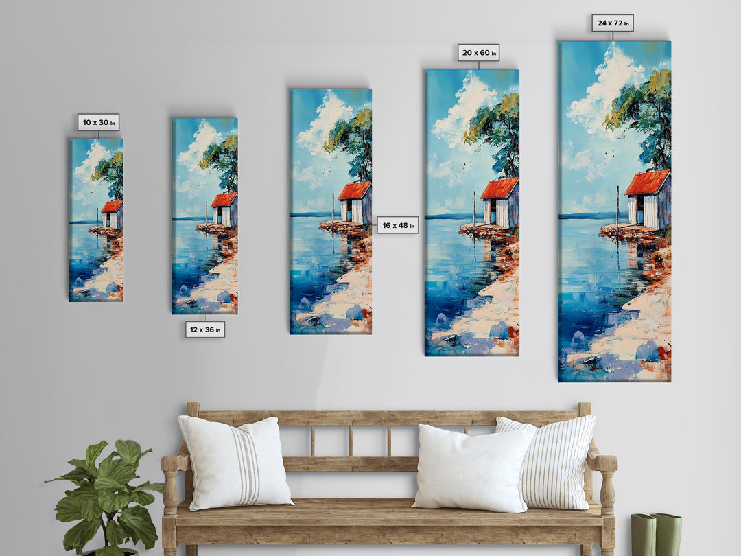 Lakeside Cabin, coastal landscape art, nautical decor, rustic art, beach house wall art, above bed wall art, Framed Canvas Print
