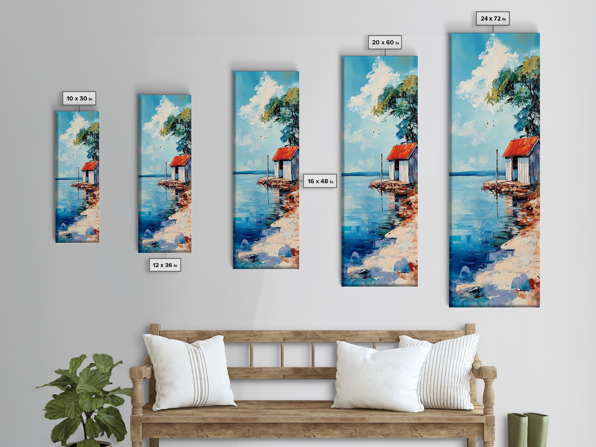 Lakeside Cabin, coastal landscape art, nautical decor, rustic art, beach house wall art, above bed wall art, Framed Canvas Print