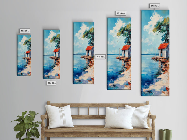 Lakeside Cabin, coastal landscape art, nautical decor, rustic art, beach house wall art, above bed wall art, Framed Canvas Print